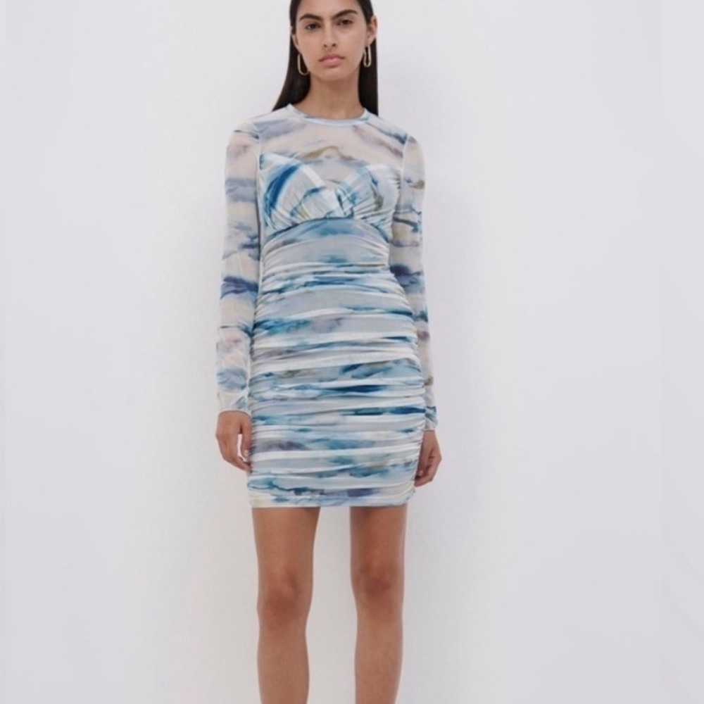 Jonathan Simkhai Blue and White Watercolor Mesh Size S Dress